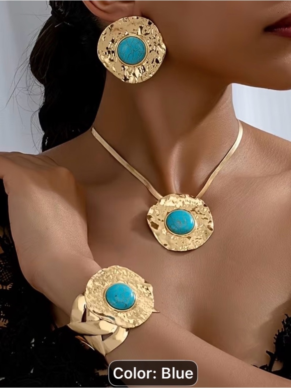 4pcs Elegant Gold-Tone Jewelry Set with Blue Turquoise Accent - Women